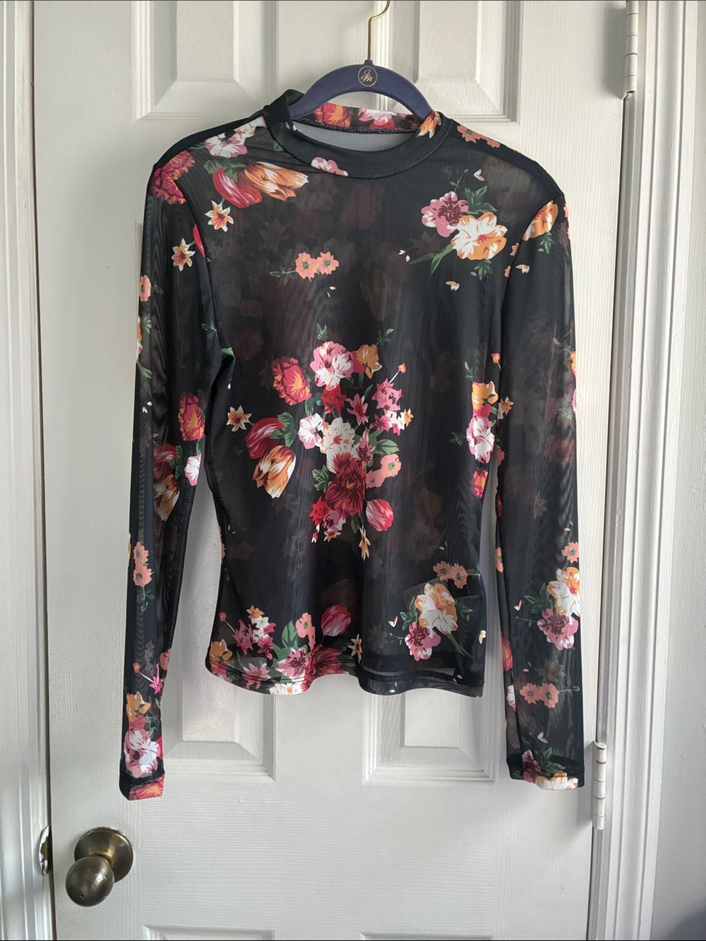SHEIN Black Sheer Floral Long-Sleeve Mesh Top